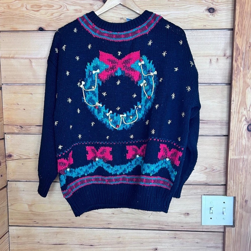 Vintage Christmas Sweater Women Large Black Wreath Jingle Bells Country Romance